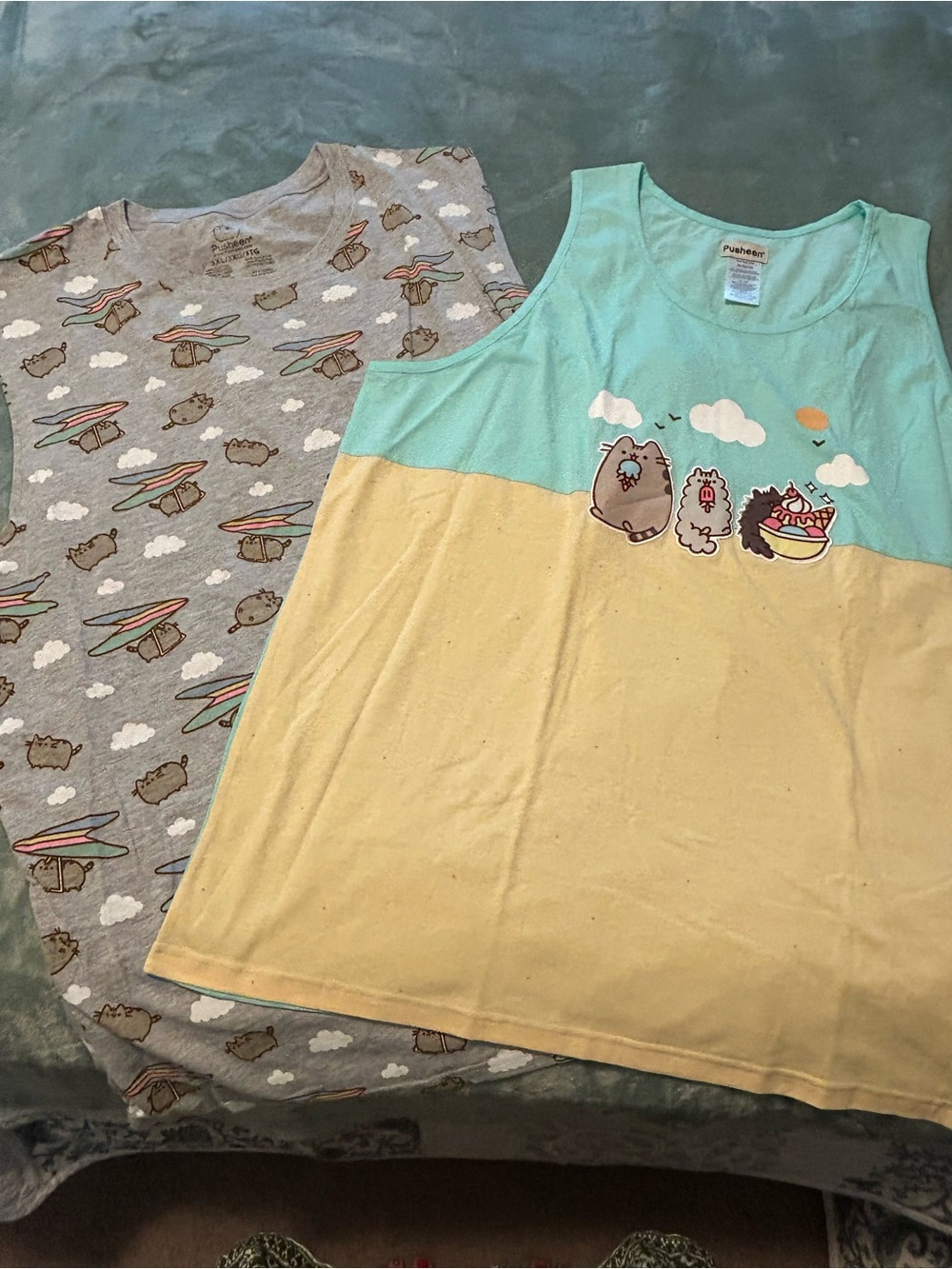 Set of 2 Grey and Aqua Yellow Colorblock Pusheen Muscle Tank Tops